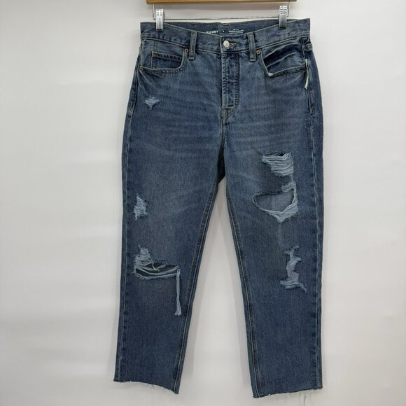 Old Navy Jeans Button Fly Distressed High Rise Slouchy Straight Medium Wash Sz 6 - Picture 1 of 9